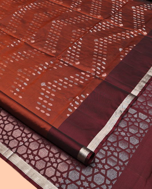 Rust Mayuri Lite Silk Mix Saree, Subtly Sparkled with Zari Buttas, Contrast Border, Pallu of Geometric Designs, and a Contrast Blouse