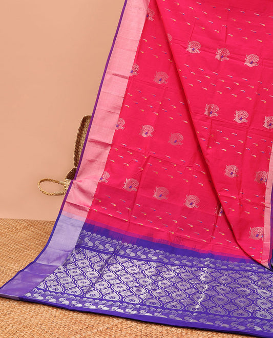 Pink kuppadam cotton saree with buttas, plain border & contrast pallu of ogee patterns