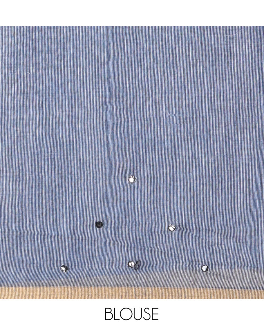 Navy Blue Linen Cotton Saree Features Leaf Print and Mirrorwork, a Piping Border, Contrast Pallu, and a Matching Blouse