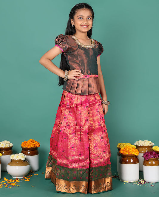 Pink readymade art silk pavadai, jacquard & contrast zari border skirt, & jacquard & embroidery round neck puff-sleeve blouse