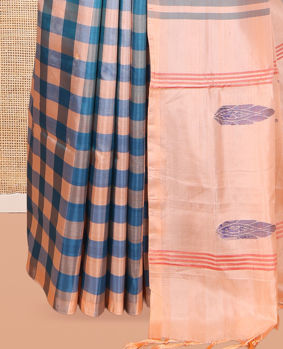 Borderless Multi-Color Checked Banana Pith Saree, Woven with Buttas, a Contrast Pallu of Stripes and Buttas, and a Contrast Blouse