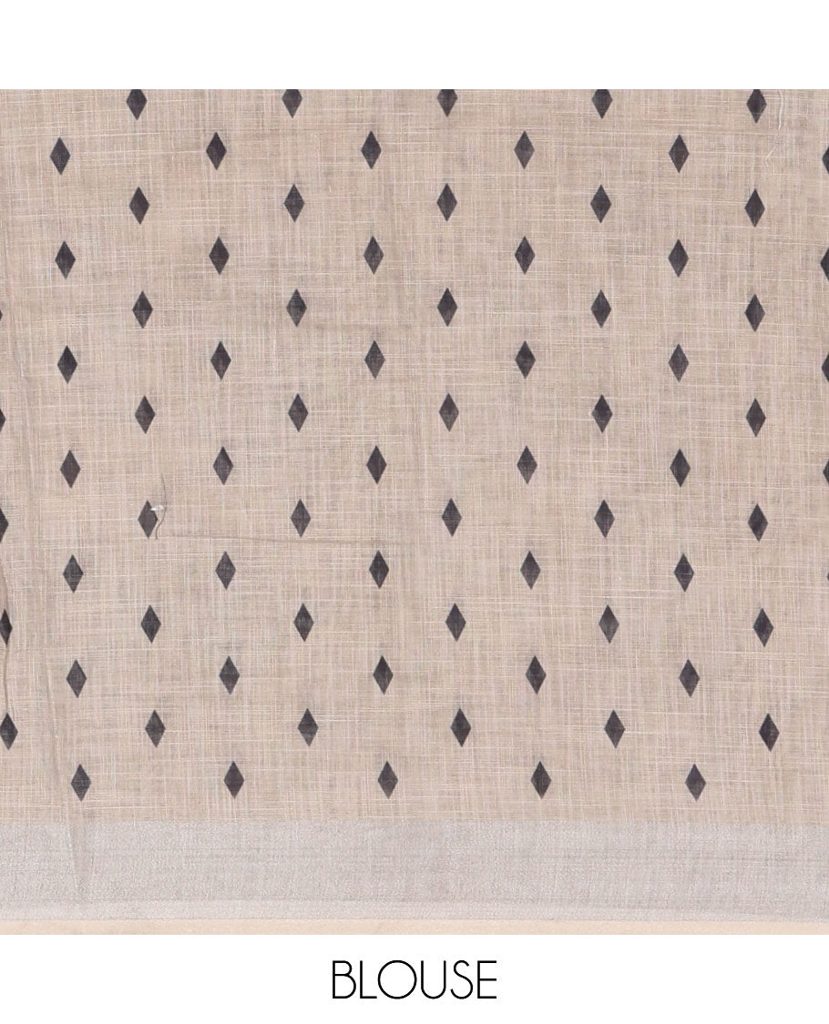 Black Linen Cotton Saree, Beautified with Floral Leaf Motifs Printed on Its Body, Subtle Bavanji Border, Pallu Features Floral Print and Stripes, and Paired with a Matching Blouse