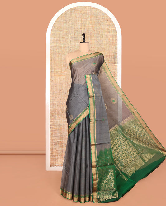 Grey Silk Cotton Saree, Decorated with Zari Buttas, Complemented by Contrast Zari Border, a Pallu of Geometric Designs, and Contrast Blouse