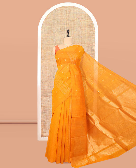 Borderless Orange Silk Cotton Saree, Steeped with Zari Stripes and Buttas, Diagonally Striped Pallu, and a Matching Blouse