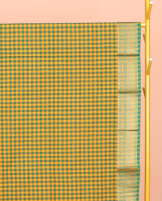 Yellow-Green Chettinad Cotton Saree, Bedecked with Micro-Checks, Highlighted by Traditional Zari Border, Striped Pallu, and No Blouse