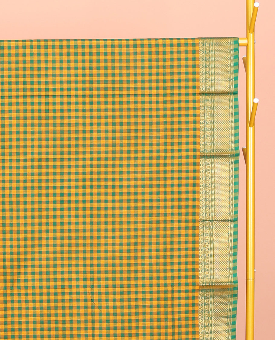 Yellow-Green Chettinad Cotton Saree, Bedecked with Micro-Checks, Highlighted by Traditional Zari Border, Striped Pallu, and No Blouse