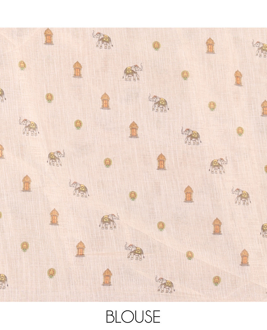 Cream Tissue Saree Features Kerala Culture Print, a Zari Border, Kerala Culture Pallu, and Matching Blouse