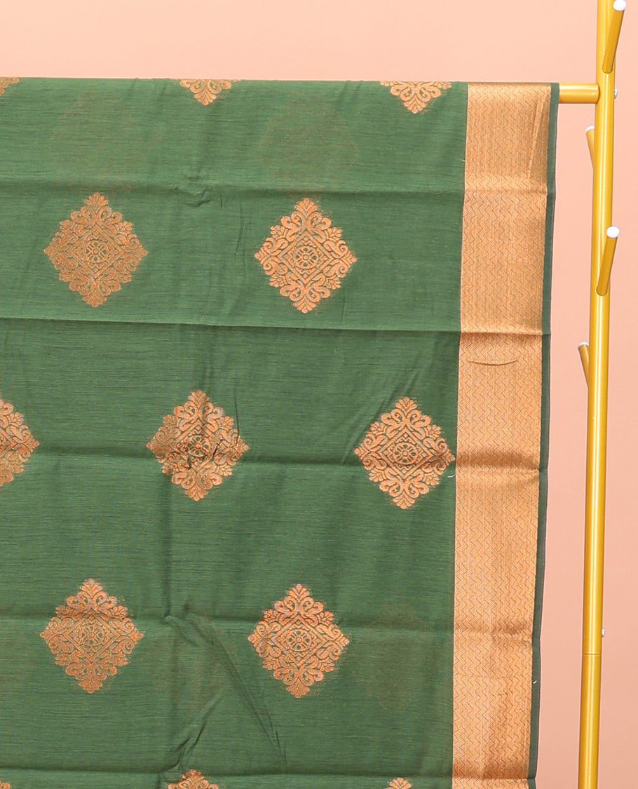 Green Semi-Silk Cotton Saree, Crafted with Zari Buttas All Over Its Body, Highlighted by a Self-Border of Traditional Zari Designs, Pallu Steeped with Paisley Designs, and Paired with a Contrast Blouse