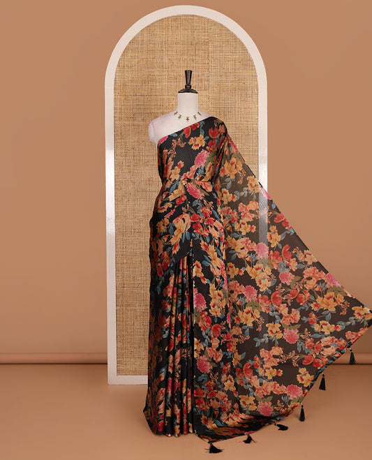 Borderless black kaleidoscope color floral motifs digital printed nara chiffon saree, contrast plain blouse