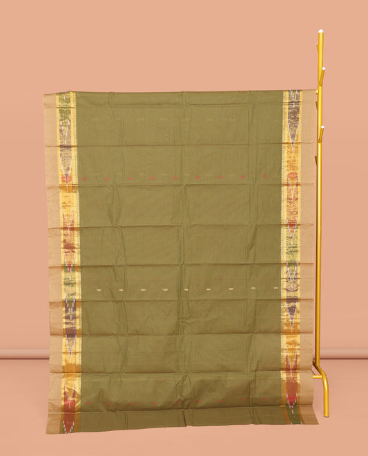 Green Kanchi Cotton Saree, Subtly Threaded with Buttas All Over Its Body, Complemented by Contrast Ikkat Border, Pallu of Paisley Designs, and Paired with a Matching Blouse