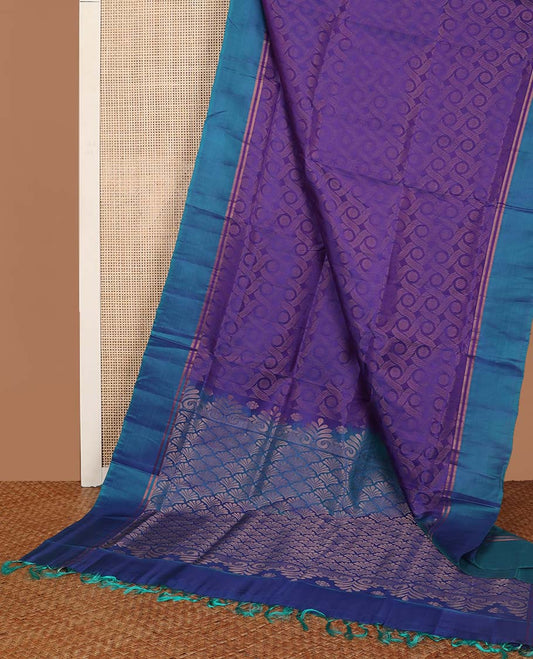 Purple geometric design uppada saree with contrast border & floral design pallu