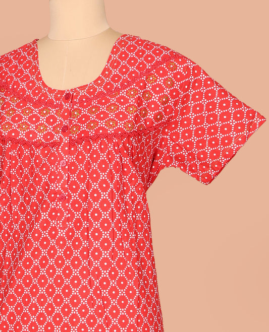 Red Cotton Nighty Decked Up with Ogee Patterns Print, Featuring Lace Work, Round Front Neck, and Half Sleeves