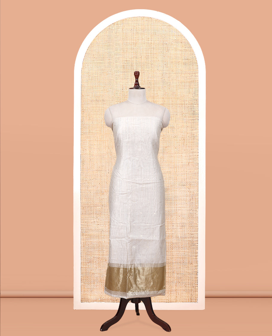 Cream Banarasi Chanderi Material Churidar Subtly Sparkled with Buttas Top, a Plain Bottom, and a Matching Dupatta