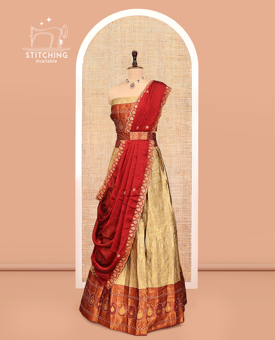 Gold-Red Banarasi Half-Saree, Bedecked with Butta Enclosed Ogee Design, a Contrast Traditional Zari Stone Work Border, a Matching Blouse, and a Contrast Embroidered Dhavani