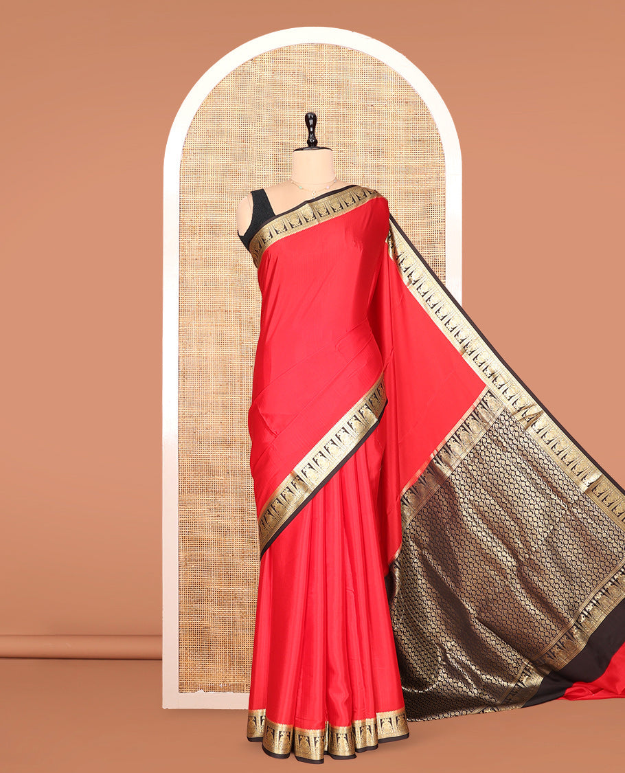 Red Plain Mysore Silk Saree, Complemented by a Contrast Two-Headed Eagle Zari Border, Zari Design Pallu, and a Contrast Blouse