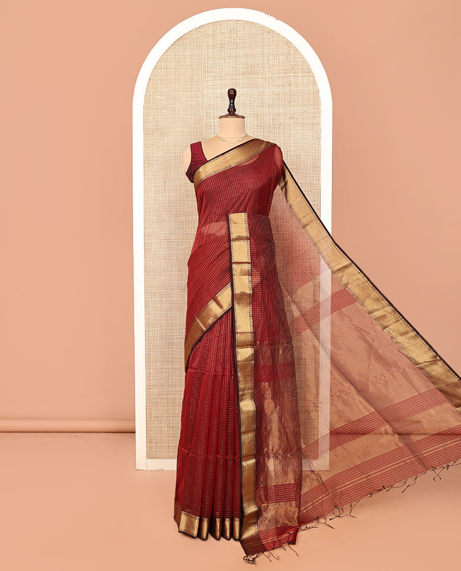 Red Maheshwari Cotton Saree, Subtly Sparkled by Zari Checks, Highlighted by a Traditional Zari Border, Gleaming Zari Decked Up Pallu, and Paired with a Matching Blouse