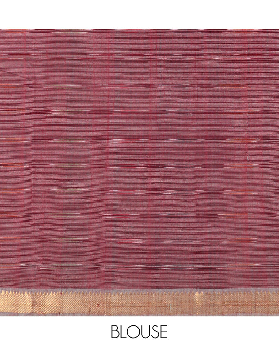 Green Striped Mangalgiri Cotton Saree, Highlighted by Zari Temple Border, Zari-Striped Pallu, and Paired with a Contrast Blouse