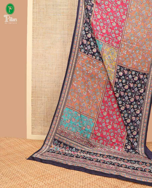 Multi-color printed, mirror work synon silk saree with printed border & printed rich pallu along with plain blouse