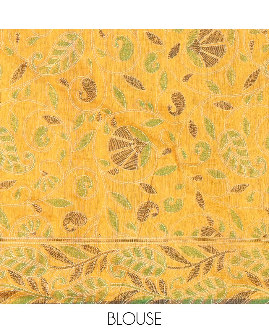 Maroon Khadi Cotton Saree Beautified with Kalamkari-Style Paisley-Floral Prints, Subtly Sparkled with Self-Border of Floral Creeper Designs, Complemented by Contrast Paisley-Floral Vine Pallu, and Paired with a Contrast Printed Blouse