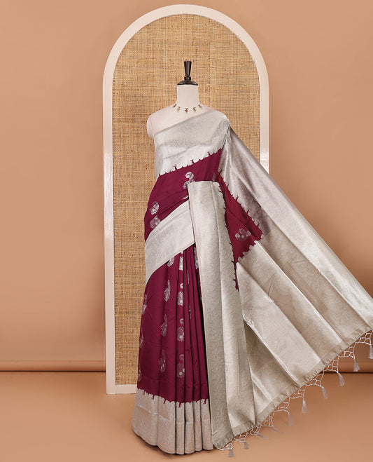 Purple silver zari manga buttas Elite soft silk saree, contrast traditional zari border, intricate zari pallu & contrast zari buttas blouse