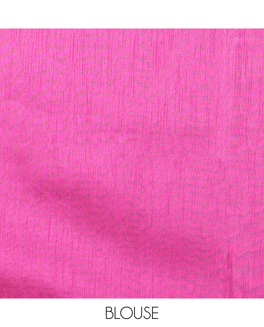 Borderless Onion Pink and Magenta Semi-Raw Silk Saree Adorned with Gold-Zari Horizontal Stripes All Over Its Body, Complemented by a Contrast Pallu of Stripes, and Paired with a Contrast Blouse