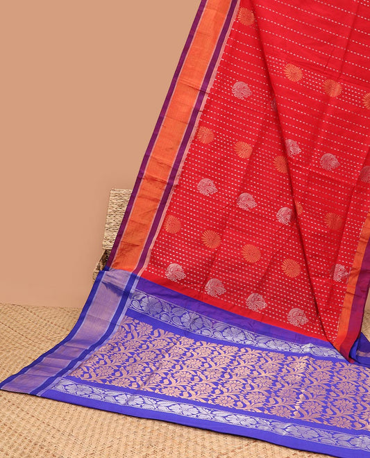 Red kupadam cotton saree with unique buttas,contrast plain border & pallu of floral designs