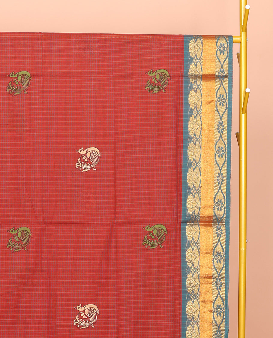 Rust Venkatagiri Cotton Saree, Delicately Printed with Peacock Buttas and Checks, a Contrast Traditional Zari Border, Pallu of Stripes, and No Blouse