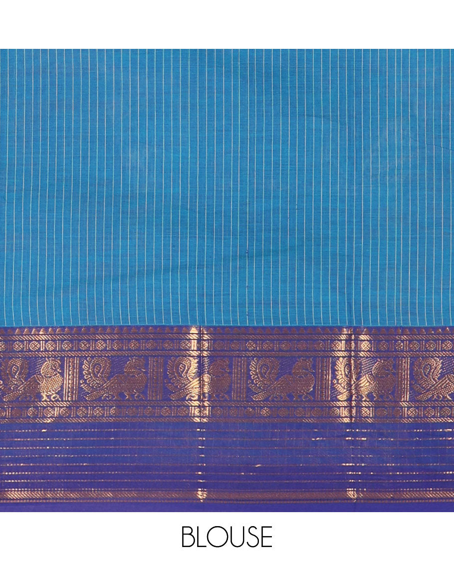 Blue Chettinad Cotton Saree, Sparkled with Vertical Stripes on Its Body, Complemented by a Contrast Traditional Zari Border of Peacock Designs, Subtly Striped Pallu, and Paired with a Matching Blouse