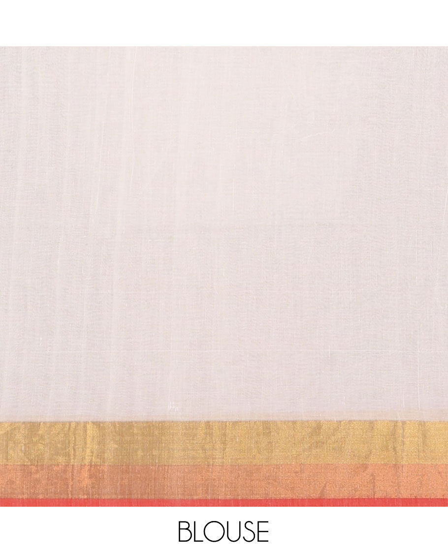 Cream Plain Khadi Mul Cotton Saree, Highlighted by Gold-Copper Zari Border, a Self-Pallu, and No Blouse