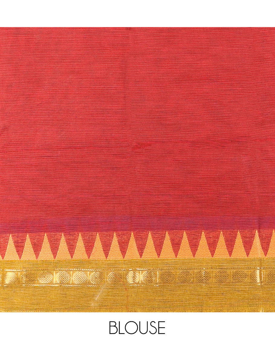 Maroon Plain Chettinad Cotton Saree, Complemented by a Contrast Rettai Pettu Rudraksham Temple Border,  Striped Pallu, and Matching Blouse