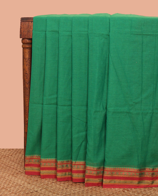 Green Plain Khadi Cotton Saree, Complemented by a Contrast Traditional Motifs Thread Woven Border, Striped Pallu, and Comes Without a Blouse