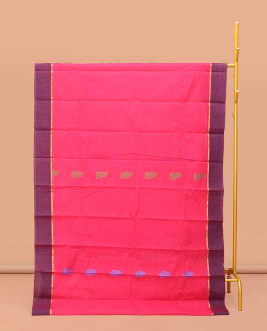 Pink Kanchi Cotton Saree, Woven with Buttas on Its Body, Complemented by Contrast Border, Pallu of Intricate Design, and a Matching Blouse