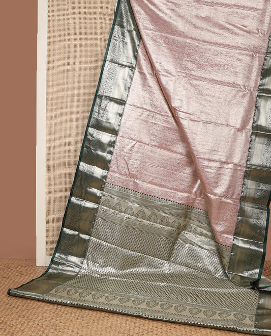 Pastel pink jacquard budget silk saree, contrast traditional zari border, and jaal pallu