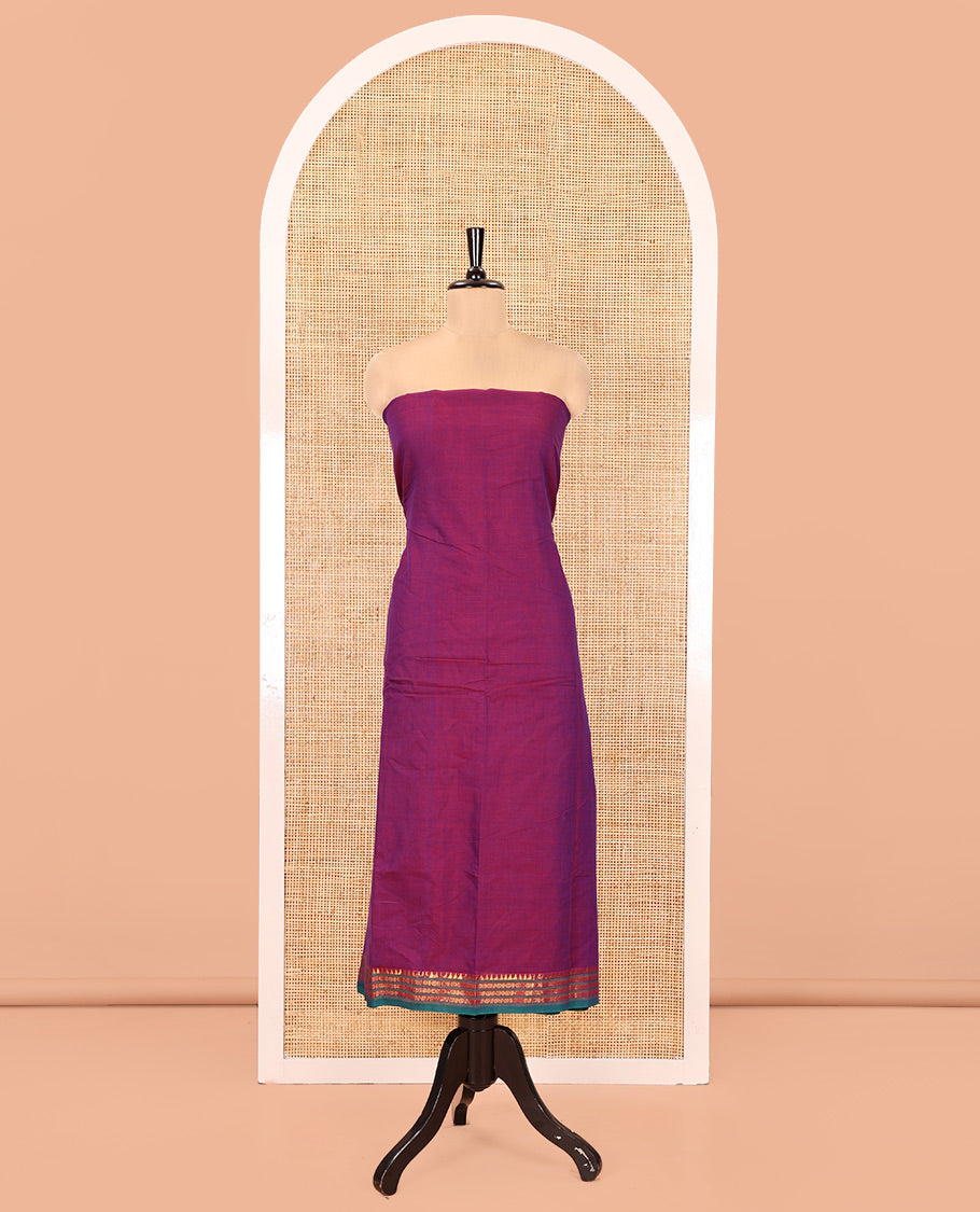 Magenta Mercerised Cotton Material Chudidar Set, Adorned with Rudraksham-Temple Bordered Top, a Mercerised Cotton Bottom, and Paired with a Matching Mercerised Cotton Rudraksham-Temple Bordered Dupatta