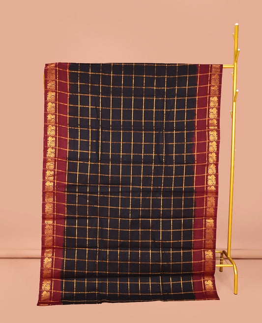 Black Sungudi Cotton Saree, Beautified with Zari Checks on Its Body, Complemented by a Contrast Peacock Motifs Woven Zari Border, Zari-Checked Pallu, and Paired with a Contrast Blouse
