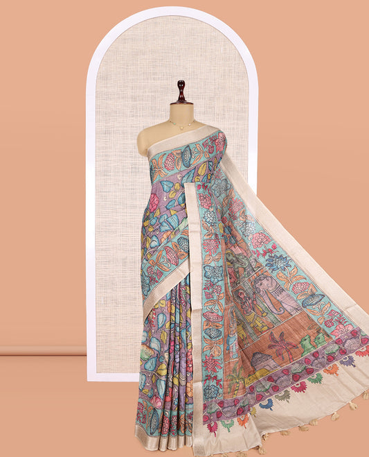Lavender Kalamkari Printed Fancy Tussar Saree