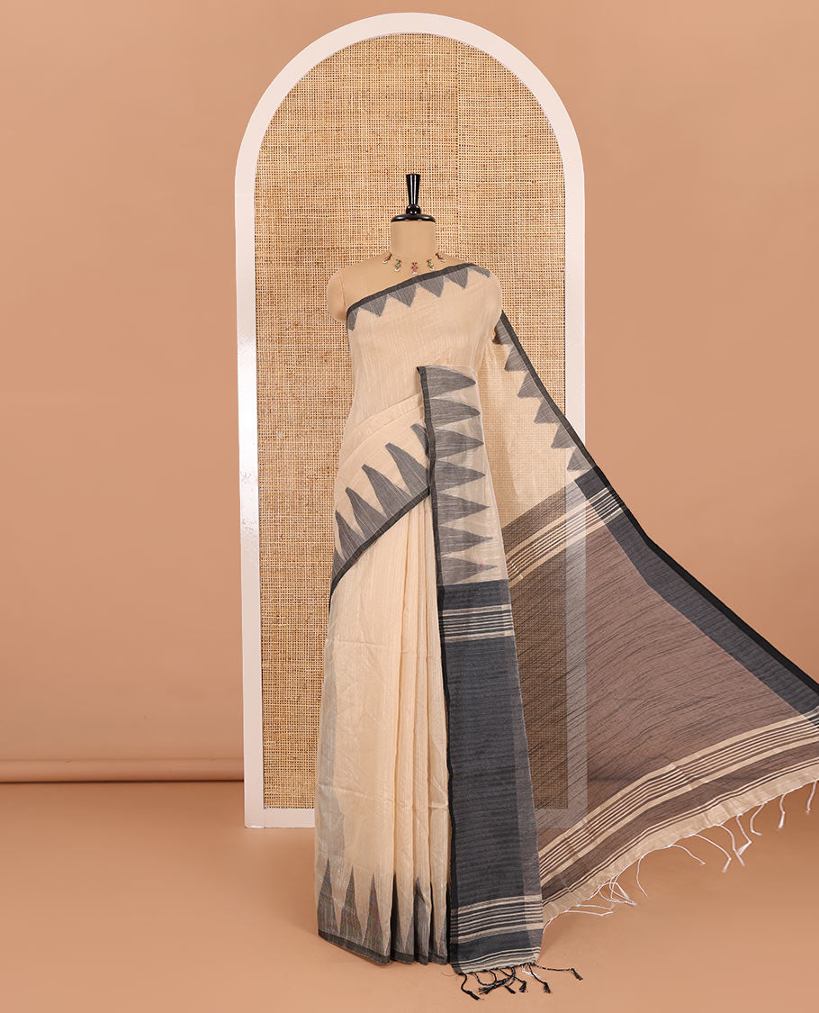 Sandal plain khadi mul cotton saree, contrast thread temple border, plain pallu, and a contrast plain blouse