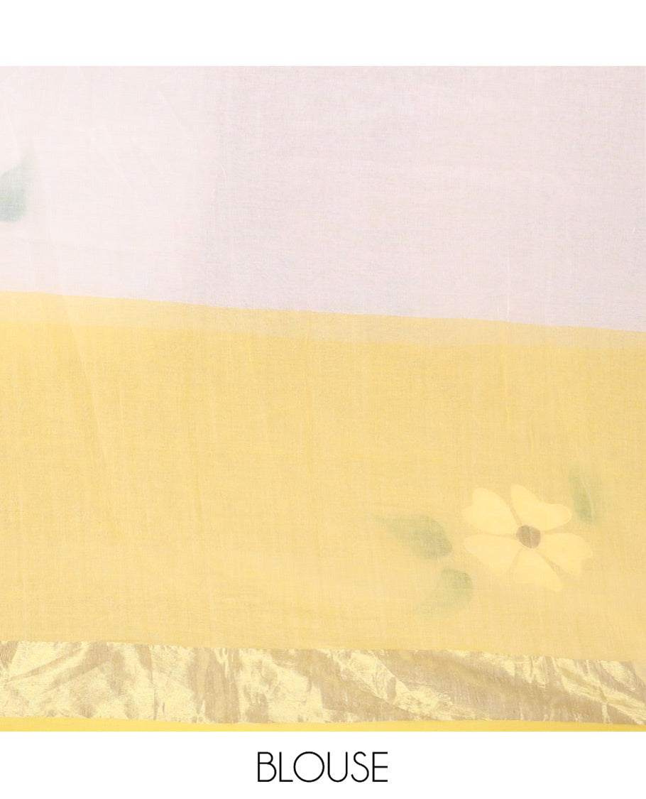 Cream and Yellow Khadi Mul Cotton Saree, Adorned with Hand-Brush Painting-Style Floral Block Printed Body, a Subtle Gold Zari Border, a Self-Pallu, and Paired with a Matching Blouse