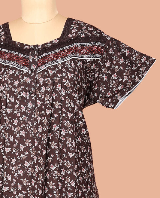Brown Lace Work Cotton-Blended Nighty