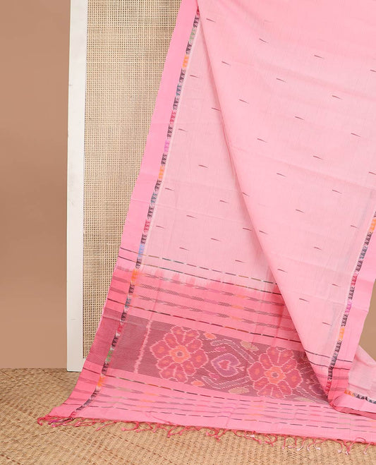 Light pink motifs coimbatore cotton saree with contrast temple border & ikkat style floral design pallu