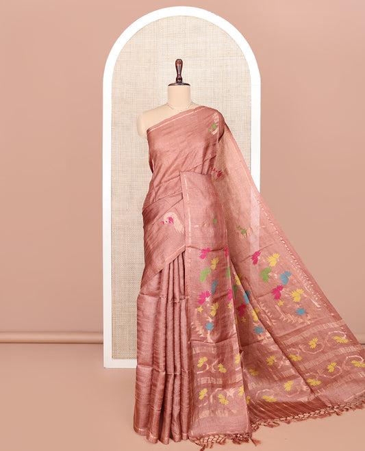 Brown Tussar Silk Saree, Decked Up with Paithani-Style Peacock Buttas, Piping Border, Pallu of Paithani-Style Colorful Floral Designs, and Paired with a Matching Blouse