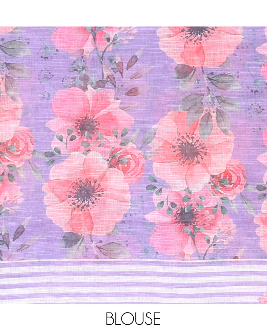 Lavender Linen Cotton Saree, Subtly Sparkled With Vertical Stripes, and Floral Motifs Print, A Subtle Piping Border, Floral Printed Pallu and a Matching Blouse