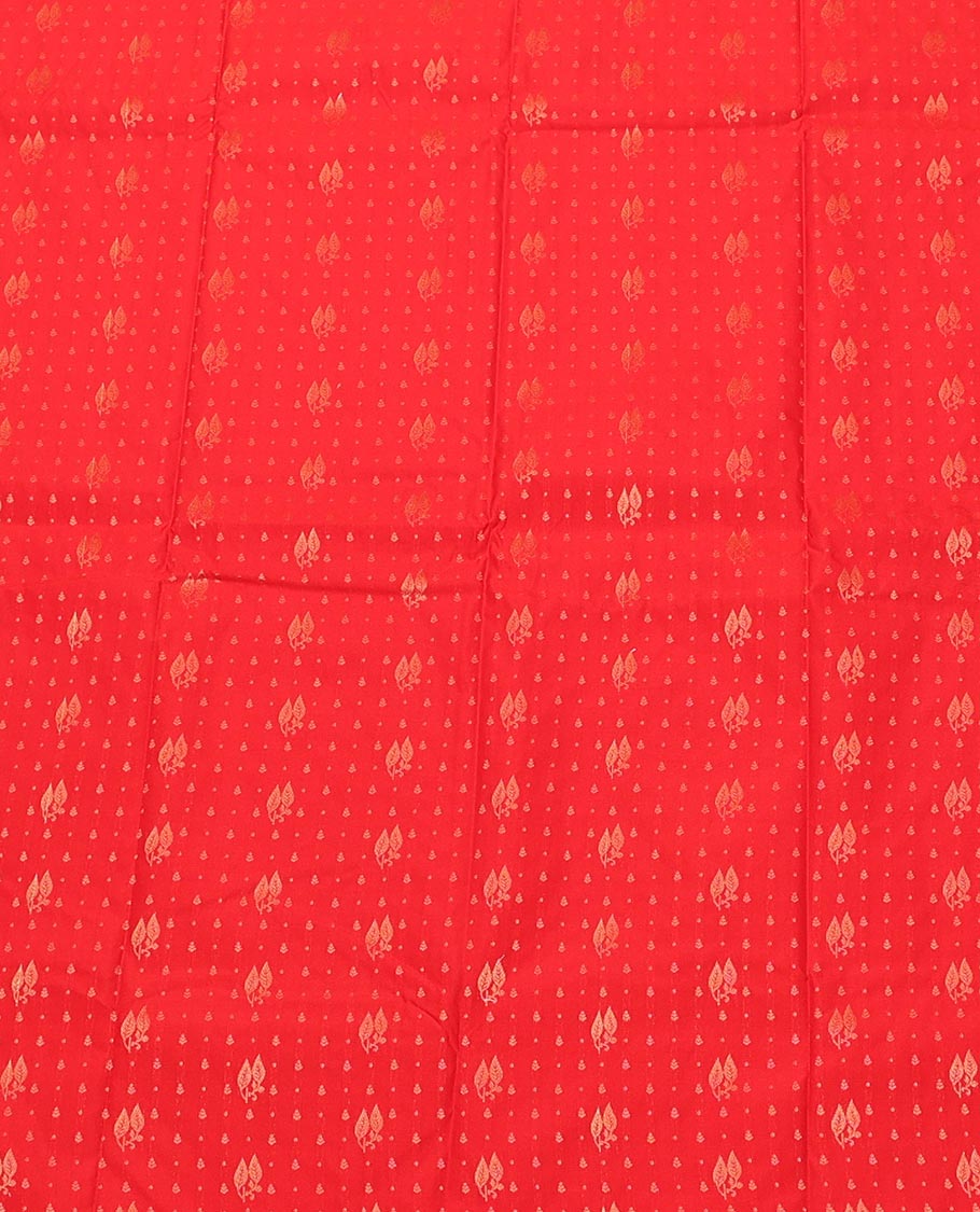 Red Art Silk Pavadai Material Set, Uniquely Detailed with Zari Buttas on Its Skirt, Complemented by a Contrast Traditional Zari Design Border, and Paired with a Contrast Blouse