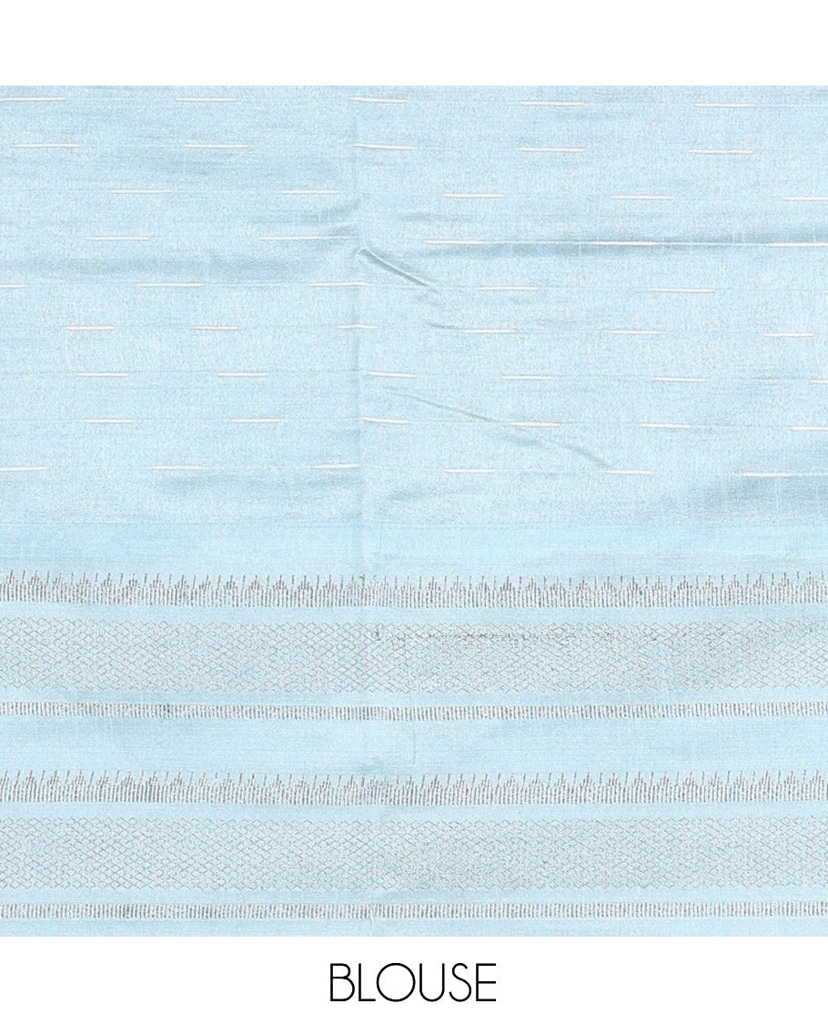 Navy Blue-Grey Semi-Raw Silk Saree, Subtly Sparkled with Thread Stripes, a Contrast Traditional Zari Border, Checked Pallu, a Contrast Blouse