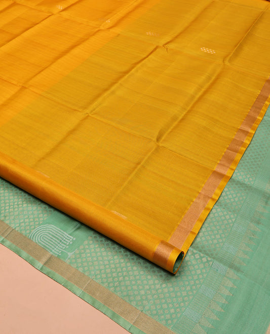 Mustard Mayuri Soft Silk Saree, Subtly Sparkled with Buttas, a Zari Border, Contrast Zari Design Pallu, and a Contrast Blouse