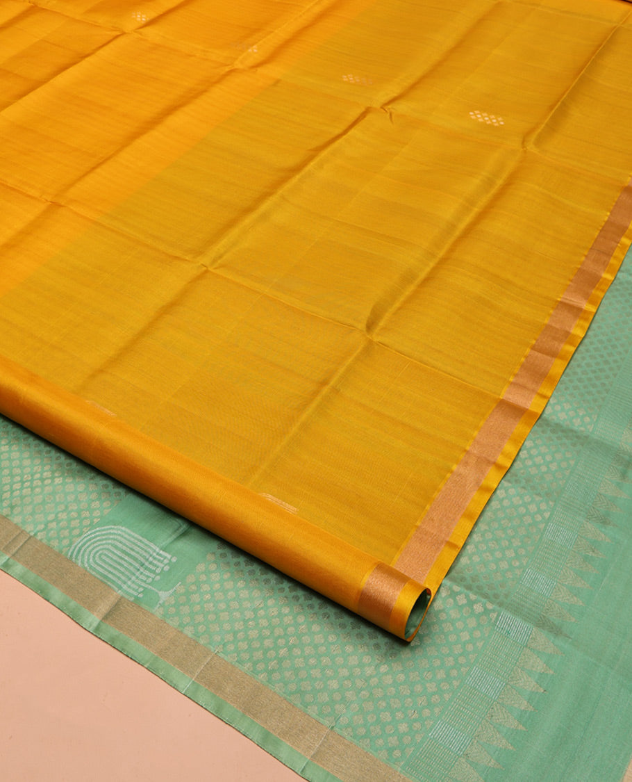 Mustard Mayuri Soft Silk Saree, Subtly Sparkled with Buttas, a Zari Border, Contrast Zari Design Pallu, and a Contrast Blouse