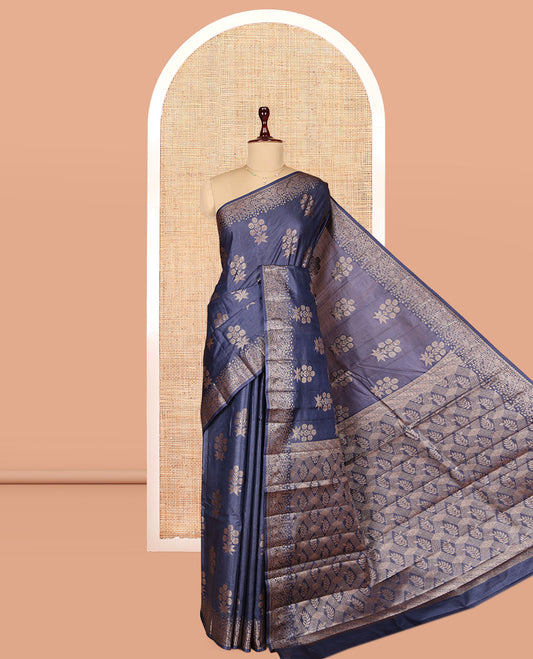 Navy Blue Tusser Silk Saree, Elevated with Zari Buttas, a Zari Border, Grand Pallu, and a Matching Blouse