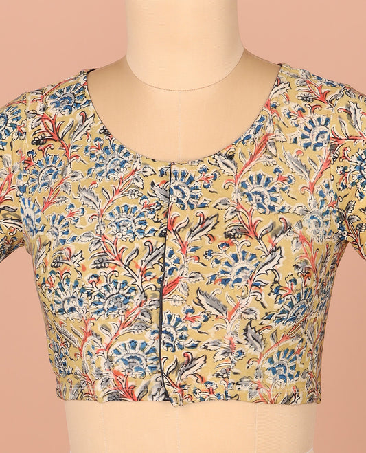 Green Readymade Blouse Subtly Sparkled with Kalamkari Floral Vine Print, Featuring Front Round-Neck, Back Closed Neck, and Elbow Sleeves