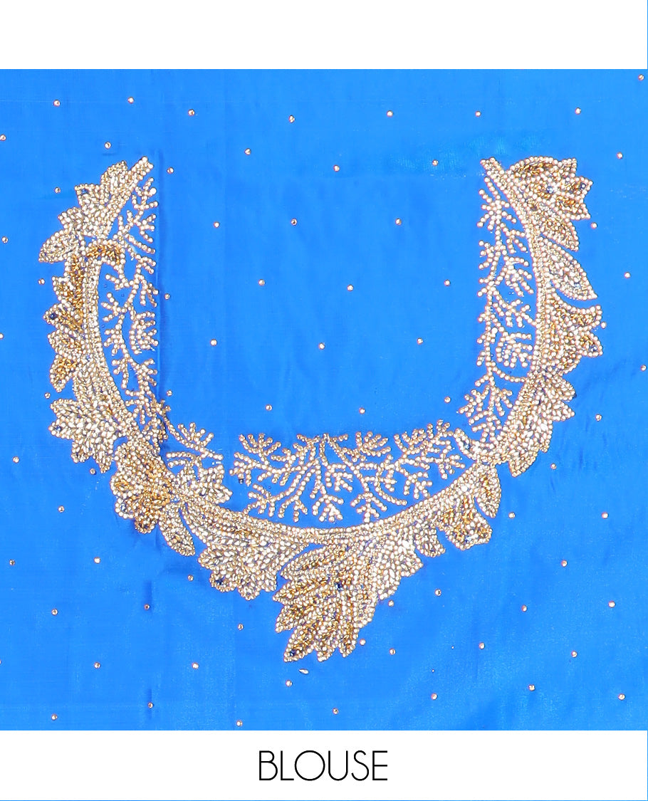 Cream Art Vastrakala Silk Saree Enthralled with Floral Jaal Jacquard with Stone Work All Over Its Body, Complemented by a Contrast Floral Creeper Zari Stone Work Border, Pallu Detailed in Zari and Stone Work, and Paired with a Contrast Blouse