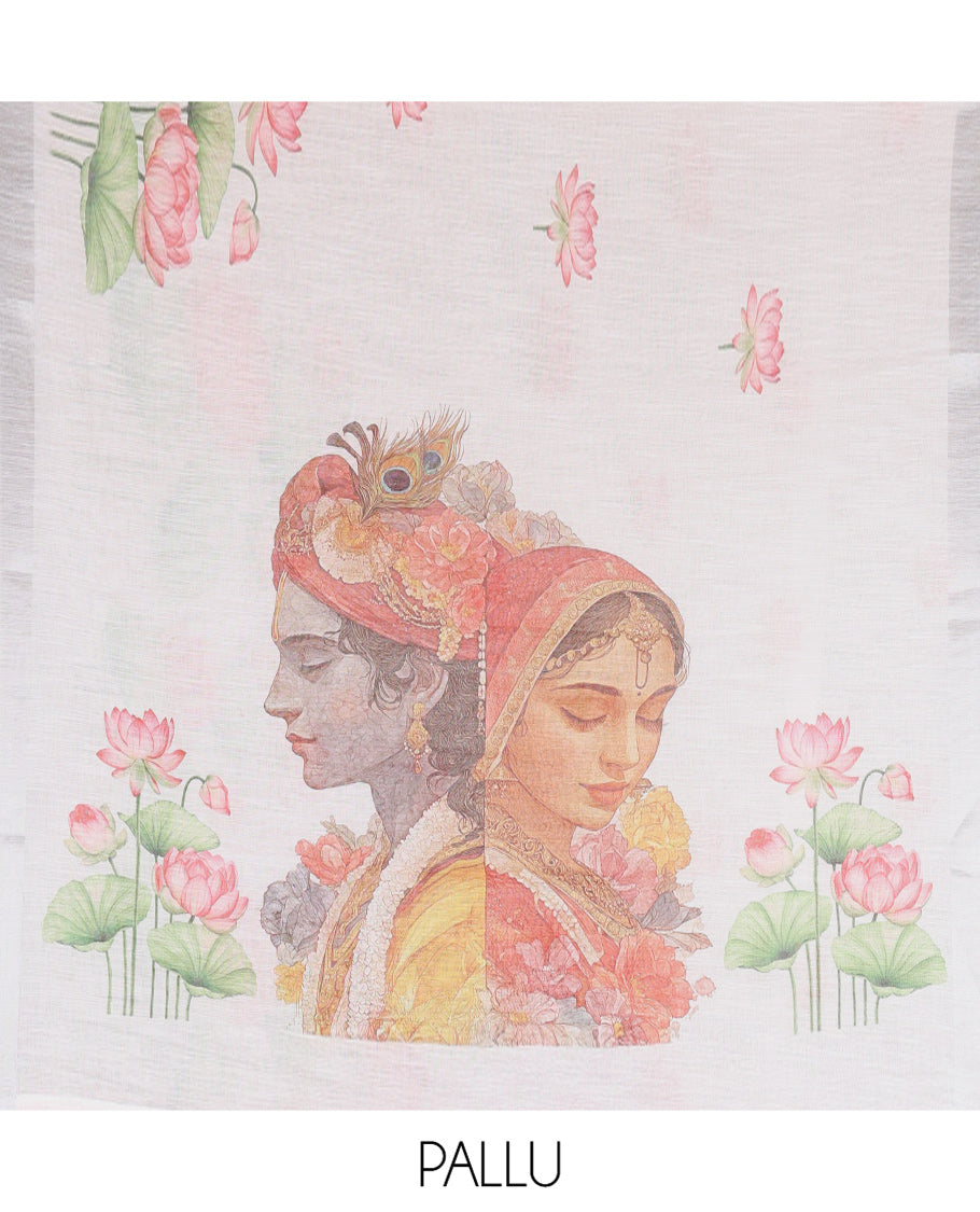 White-Yellow Linen Cotton Saree, Prettified with Sunflower Print, a Contrast Border, and a Contrast Blouse